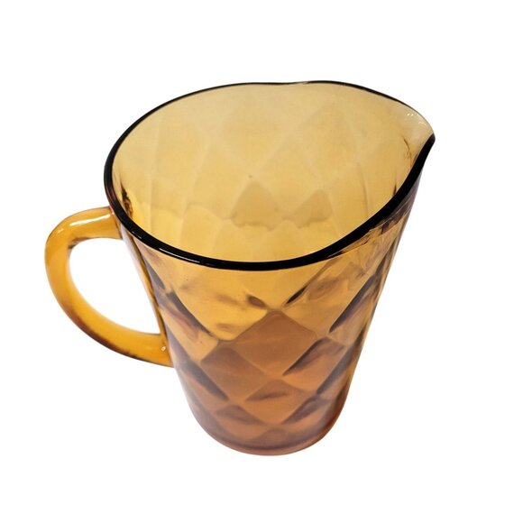 Hazel Atlas Pitcher Diamond Optic Amber Gold Glass Two Qt 64 OZ  Beverage MCM - Picture 4 of 6